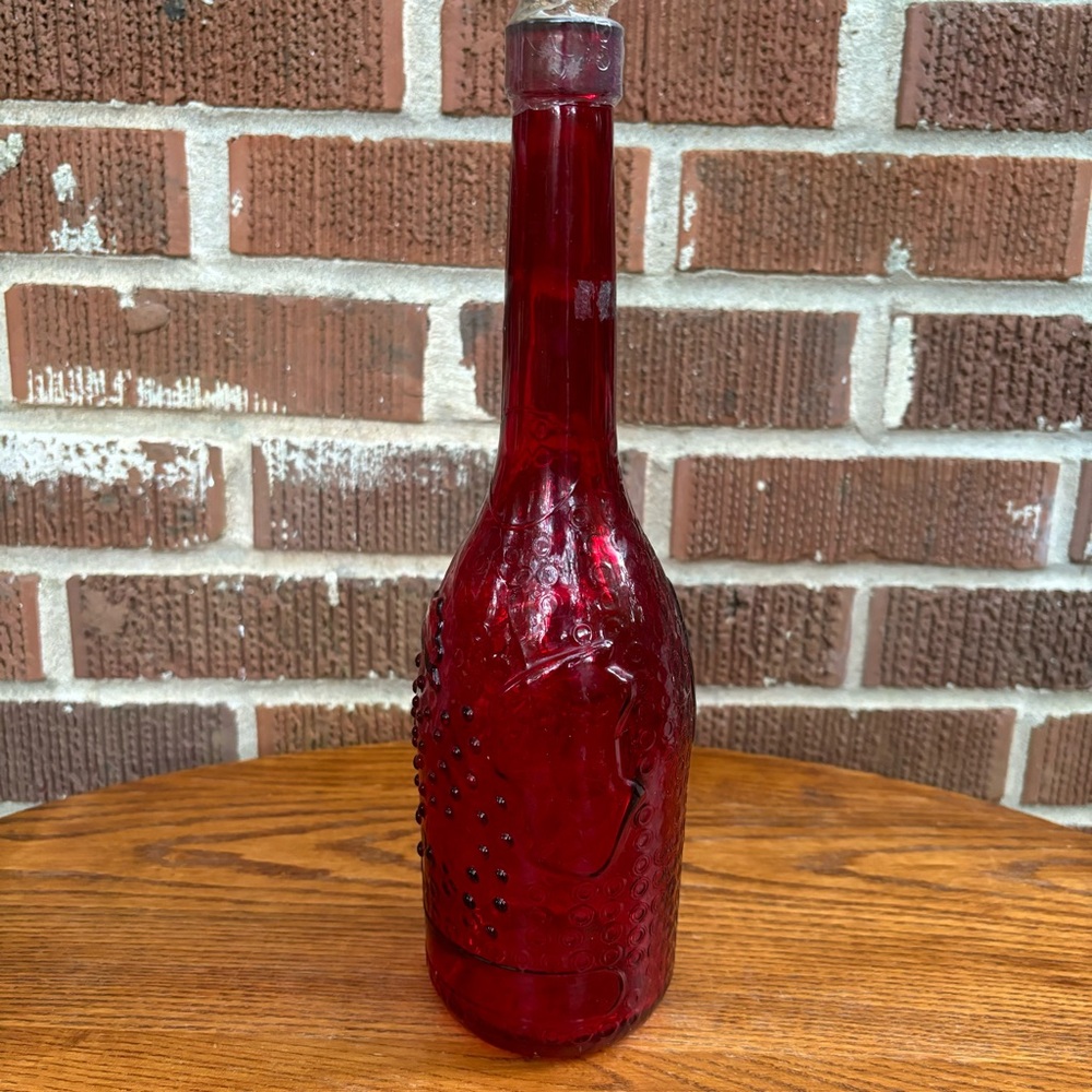 Holiday Round Glass Decorating Bottle 12” high Red-Raised Leaves Design W/ Cork